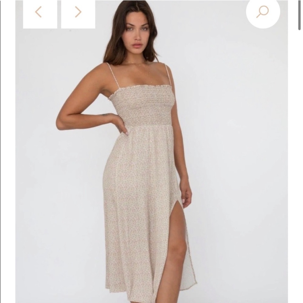 RESA Beige Floral Smocked Midi Dress with Side Slit